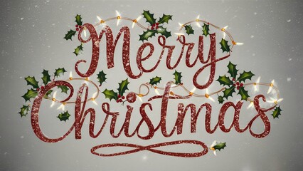 Merry Christmas Festive Typographic Design with Holly and Lights