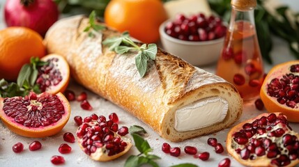 Baguette with brie cheese surrounded by pomegranate and orange on a light backdrop showcasing fresh ingredients and vibrant colors