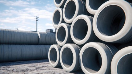 Stacked concrete pipes for water drainage at a construction site under blue sky showcasing industrial materials and infrastructure development.