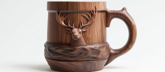 Wooden mug with intricate deer sculpture design showcasing craftsmanship and natural beauty perfect for rustic decor and gift ideas