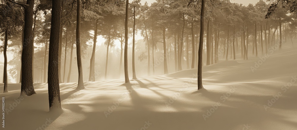 Poster Serene winter landscape with sunlit trees blanketed in snow creating a tranquil skiing atmosphere in a forest setting