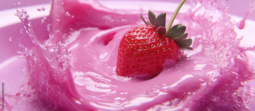 Poster fresh strawberry splashing in pink yogurt creating dynamic motion and vibrant colors in gourmet food