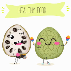 Cherimoya fruit cute funny cheerful characters with different poses and activities. Natural vitamin antioxidant detox food collection. Vector hand drawn illistration.