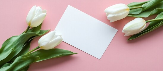 Elegant wedding invitation card mockup with white tulip flowers on soft pink background showcasing ample copy space for personalization