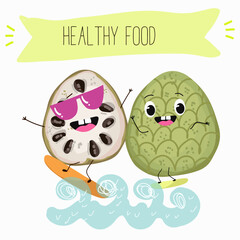 Cherimoya fruit cute funny cheerful characters with different poses and activities. Natural vitamin antioxidant detox food collection. Vector hand drawn illistration.