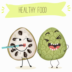 Cherimoya fruit cute funny cheerful characters with different poses and activities. Natural vitamin antioxidant detox food collection. Vector hand drawn illistration.
