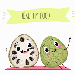 Cherimoya fruit cute funny cheerful characters with different poses and activities. Natural vitamin antioxidant detox food collection. Vector hand drawn illistration.