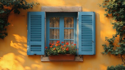 Vintage home window with vibrant blue shutters and a flower box against a bright yellow wall,...