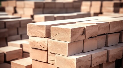 Stack of tan paver bricks ready for construction and landscaping projects in a sunny outdoor setting