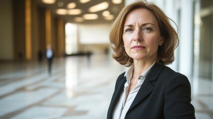 Fototapeta premium Confident senior female executive standing in modern office interior with a serious expression and professional attire.