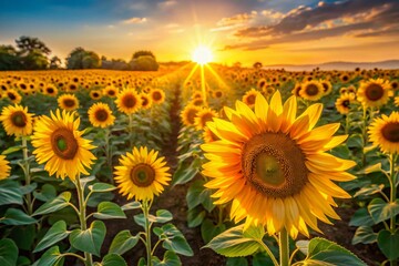 Captivating Asymmetrical Field of Blooming Sunflowers Bathed in Warm Sunshine with a Low Light Photography Effect for Stunning Visual Appeal