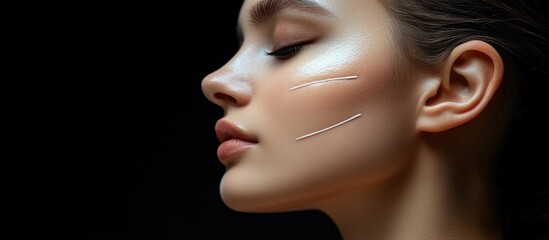 Profile of a woman with smooth skin undergoing cosmetic treatment with lifting arrows on her neck and face against a dark background