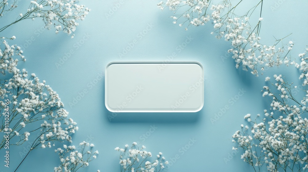 Poster elegant invitation card surrounded by delicate gypsophila flowers on a soft blue background with amp