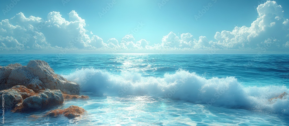 Poster tranquil seascape with waves crashing against colorful rocks under a bright sky and soft clouds crea