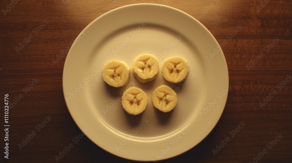 Poster sliced bananas arranged on a white plate placed on a rustic wooden surface creating a fresh and appe