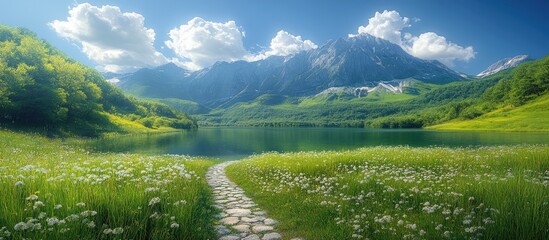 Obraz premium Scenic pathway leading to a tranquil green lake in a serene valley surrounded by mountains and vibrant greenery.