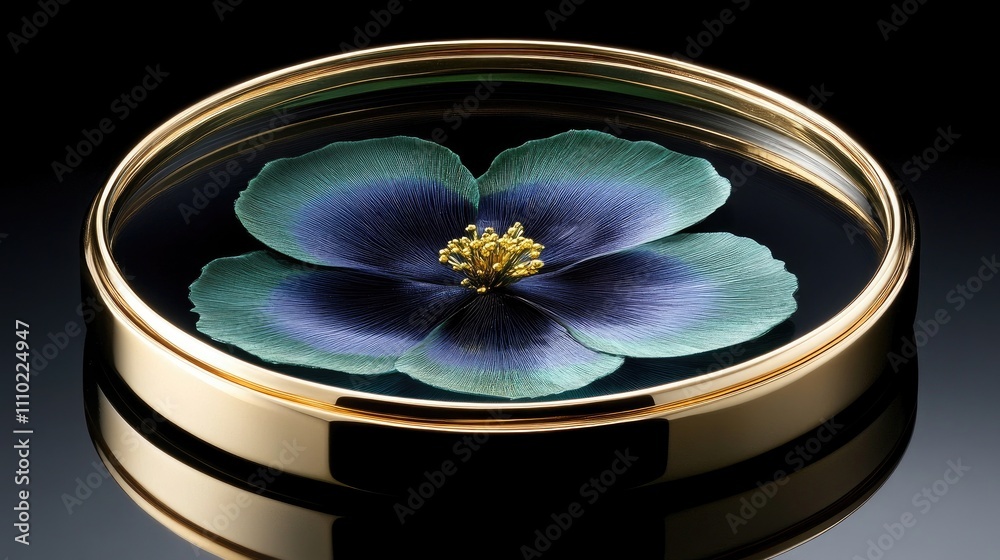 Aufkleber elegant enamel floral art piece displayed in a round gold-trimmed setting against a dark background 