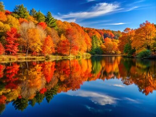 Naklejka premium Captivating Autumn Landscape Showcasing Vibrant Fall Foliage with Golden Leaves, Serene Reflections in a Tranquil Lake, Perfect for Nature Lovers and Desktop Wallpapers