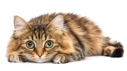 Obraz premium Fluffy cat lying on white background with big expressive eyes showcasing a serene and playful demeanor in a minimalist setting