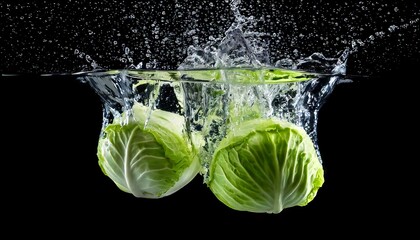 Fresh cabbages splash into water, creating dynamic ripples against a dark backdrop, showcasing their vibrant colors and textures.