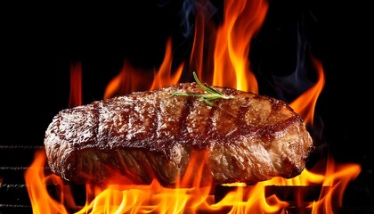 A juicy steak sizzling over flames, exuding a smoky aroma, garnished with herbs, embodying the essence of grilling perfection.