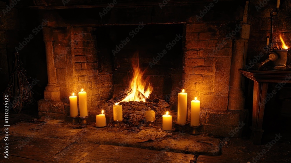 Poster Cozy fireplace with flickering flames and illuminating candles creating a warm and inviting atmosphere in a rustic setting