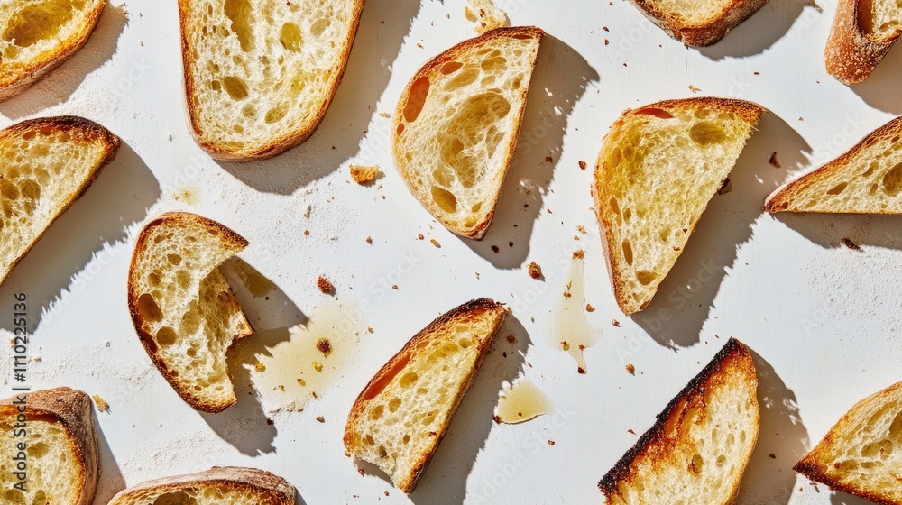 Poster Sliced bread pieces arranged on a clean white background showcasing texture and structure in a minimalist setting