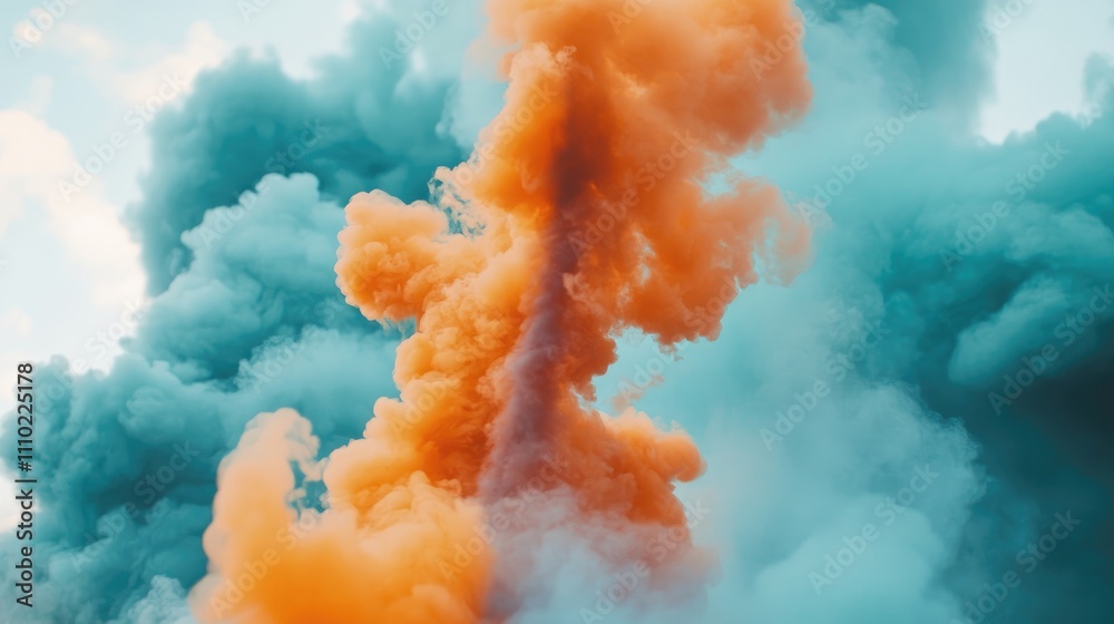 Poster Vibrant orange and turquoise smoke billowing upwards creating an intense and dynamic atmospheric background for creative projects