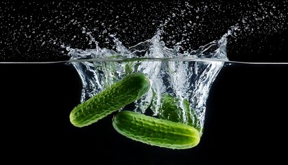 Three cucumbers splash into water, creating dynamic ripples and bubbles against a dark background, capturing a moment of freshness and movement.
