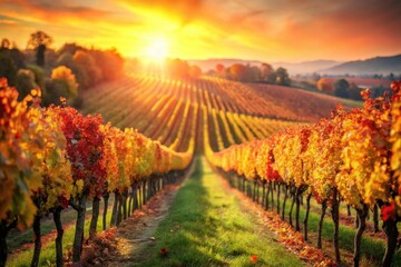 Naklejka premium Captivating Autumn Vineyard Landscape with Tilt-Shift Effect Showcasing Vibrant Fall Colors and Lush Grapevines in a Picturesque Setting Perfect for Wine Lovers
