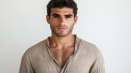 Obraz premium Confident young man in casual shirt posing against plain white background showcasing modern fashion and personal style