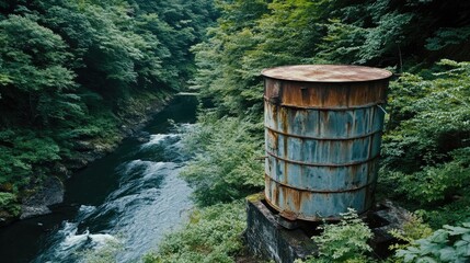 Fototapeta premium Rustic Water Tower Surrounded by Verdant Forest Overlooking Calm River Waters in a Serene Natural Setting