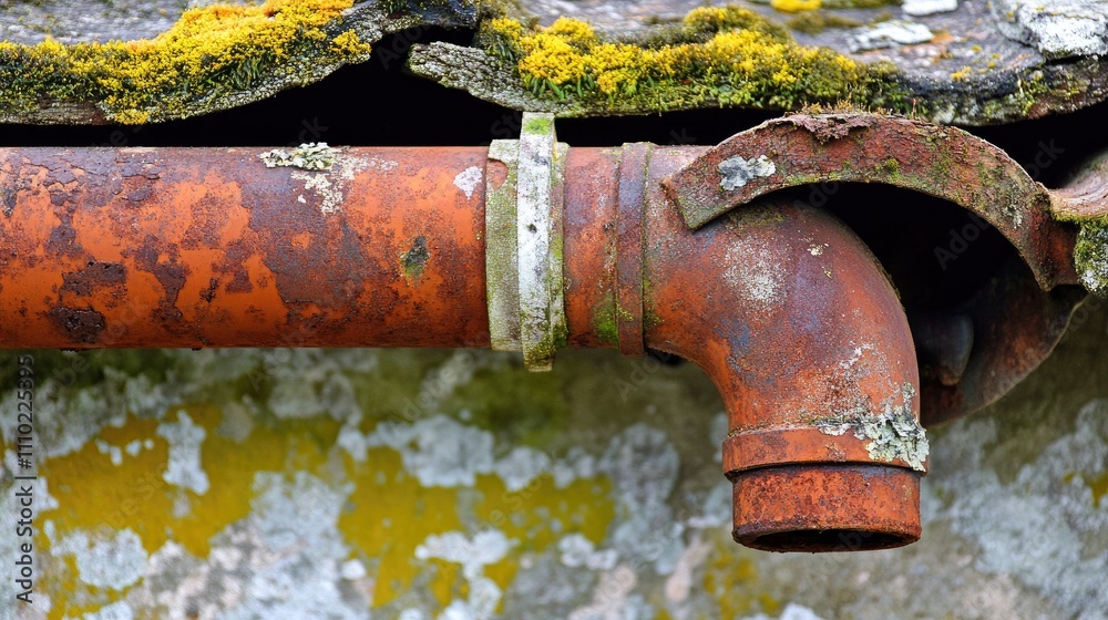 Poster Rusty and weathered drain pipe with moss-covered roof in an aged building setting