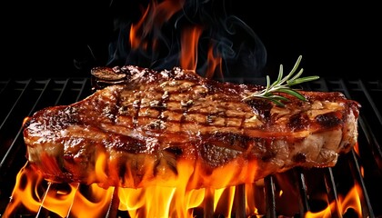 A juicy steak sizzles over flames, garnished with a sprig of rosemary, showcasing mouthwatering grill marks on a black background.