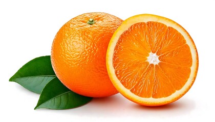 A vibrant orange with a fresh green leaf, sliced open to reveal juicy segments inside.