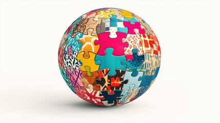 An abstract globe composed of interconnected, colorful puzzle pieces, each piece showcasing different cultural patterns