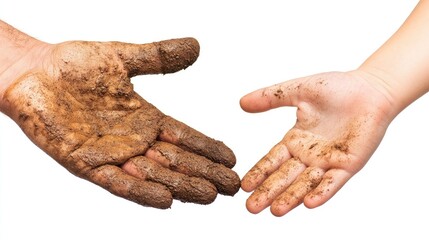 Fototapeta premium Adult hand holding a child's hand showcasing connection and exploration with dirt on a clean white background