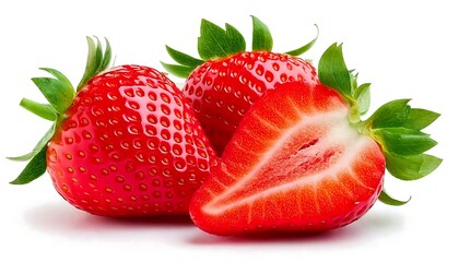 Fresh strawberries, vibrant red with green leaves, showcase their juicy interior, perfect for desserts or healthy snacks.