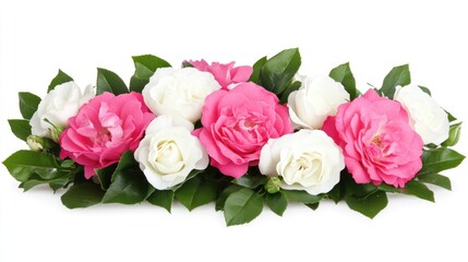Vibrant pink and white roses arranged elegantly with lush green leaves on a clean white background showcasing natural beauty and freshness.