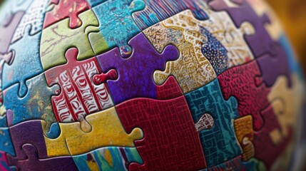 An abstract globe composed of interconnected, colorful puzzle pieces, each piece showcasing different cultural patterns