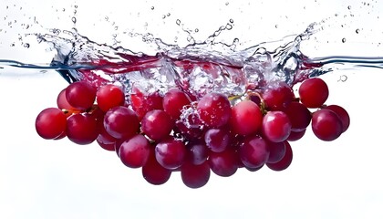 A cluster of fresh red grapes splashes into clear water, creating dynamic ripples and droplets in a refreshing display.