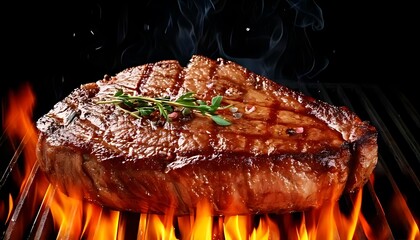 A beautifully grilled steak with perfect sear marks, garnished with herbs, resting over vibrant flames and smoke.