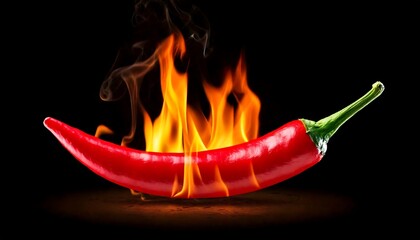 A vibrant red chili pepper surrounded by flames, symbolizing heat and spice, set against a dark background.