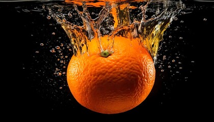An orange splashes into water, creating dynamic ripples and droplets against a dark background, showcasing vibrant colors and motion.