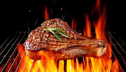 A juicy steak grilling over an open flame, garnished with herbs, showcasing vibrant colors and appetizing textures.