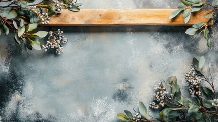 Rustic wooden shelf with greenery and textured background ideal for showcasing decorations and creative designs in a cozy setting