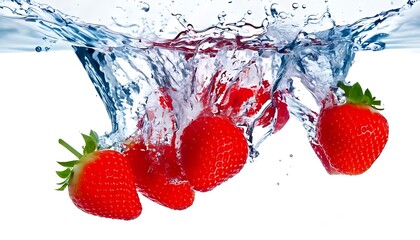 Fresh strawberries splash into clear water, creating vibrant ripples and bubbles, showcasing their juicy texture and bright red color.