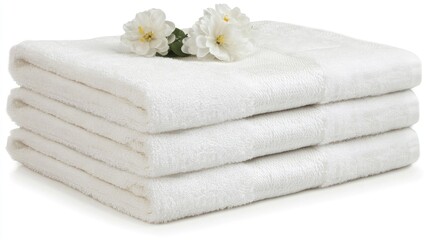 Stack of plush white towels elegantly arranged with delicate flowers on a clean white background for a serene and refreshing ambiance