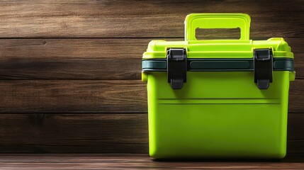 Bright green toolbox on rustic wooden background ideal for maintenance and handyman supplies showcasing durability and organization.