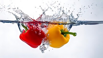 Two bell peppers, red and yellow, splash into clear water, creating dynamic waves and showcasing vibrant colors against a light background.